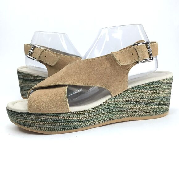 Donald J Pliner Sahar Wedge Sandal Womens 9.5 Tan Suede Crisscross Straps Padded - Picture 2 of 13